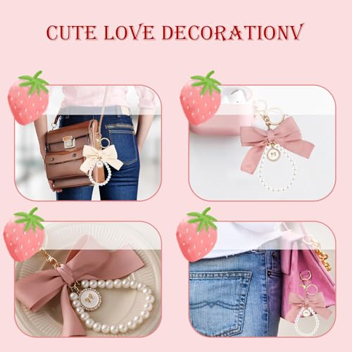 SMUOBT 2Pcs Cute Bow Keychain Wristlet for Women,Pearl Key Chains for Car Keys Pink White Bow Keychain Accessories Bag Chrams