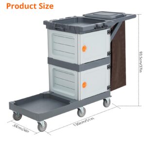 Commercial Janitorial Cart with Cabinet, 3-ply Multi-Purpose Engineered Plastic Housekeeping Cart with 30 Gallon Bag Hand Push Utility Cart, 200 lbs Load Capacity