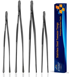 jetkong 4 pcs kitchen tweezers, 12'' and 10'' stainless steel cooking tweezers set, high-precision tweezers tongs for cooking, repairing, seafood and bbq (black)