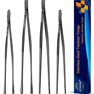 JETKONG 4 Pcs Kitchen Tweezers, 12'' and 10'' Stainless Steel Cooking Tweezers Set, High-Precision Tweezers Tongs for Cooking, Repairing, Seafood and BBQ (Black)