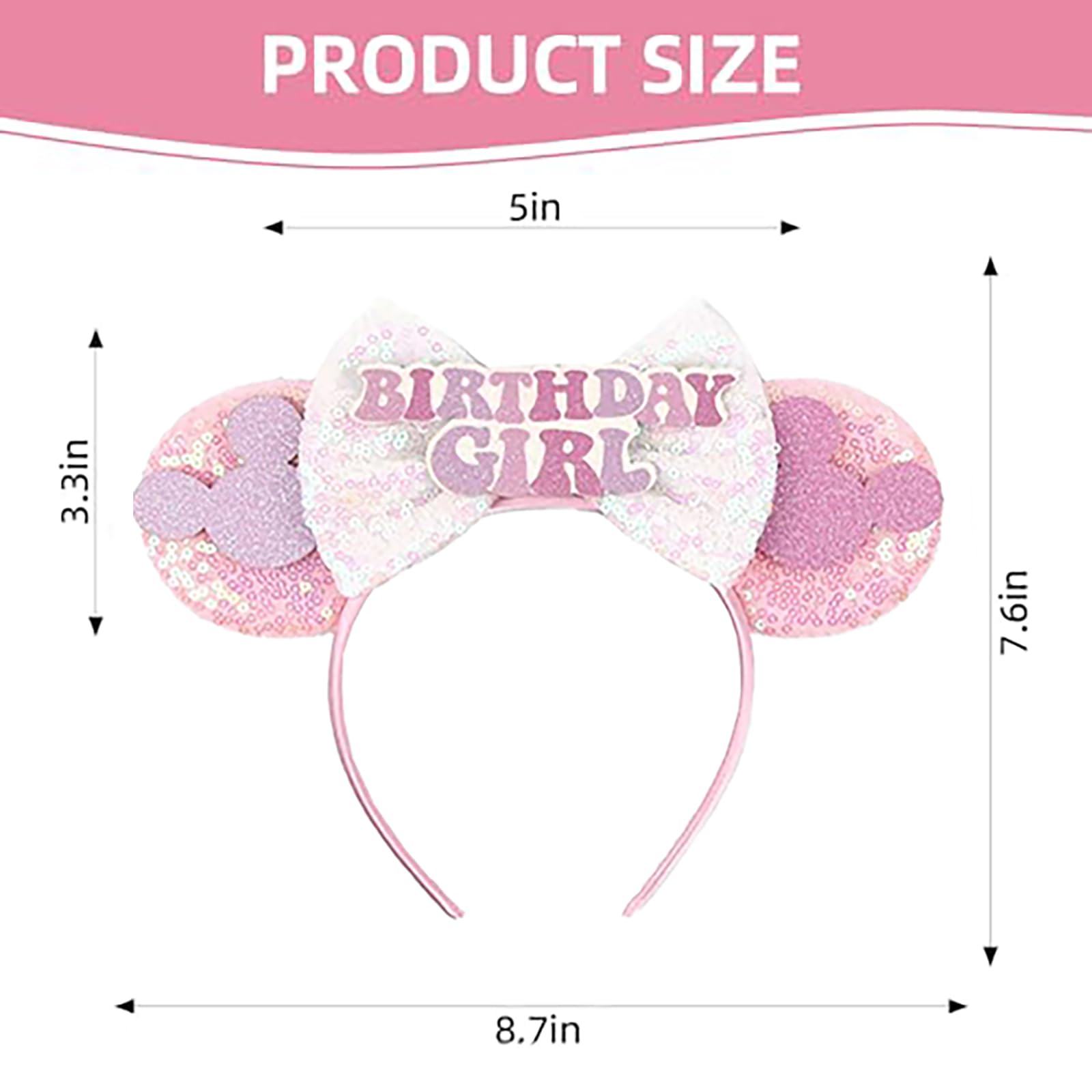 RAZKO Pink Minnie Ears Hair Accessory, Mouse Headband for Women Girls (Birthday Girl-Pink M)