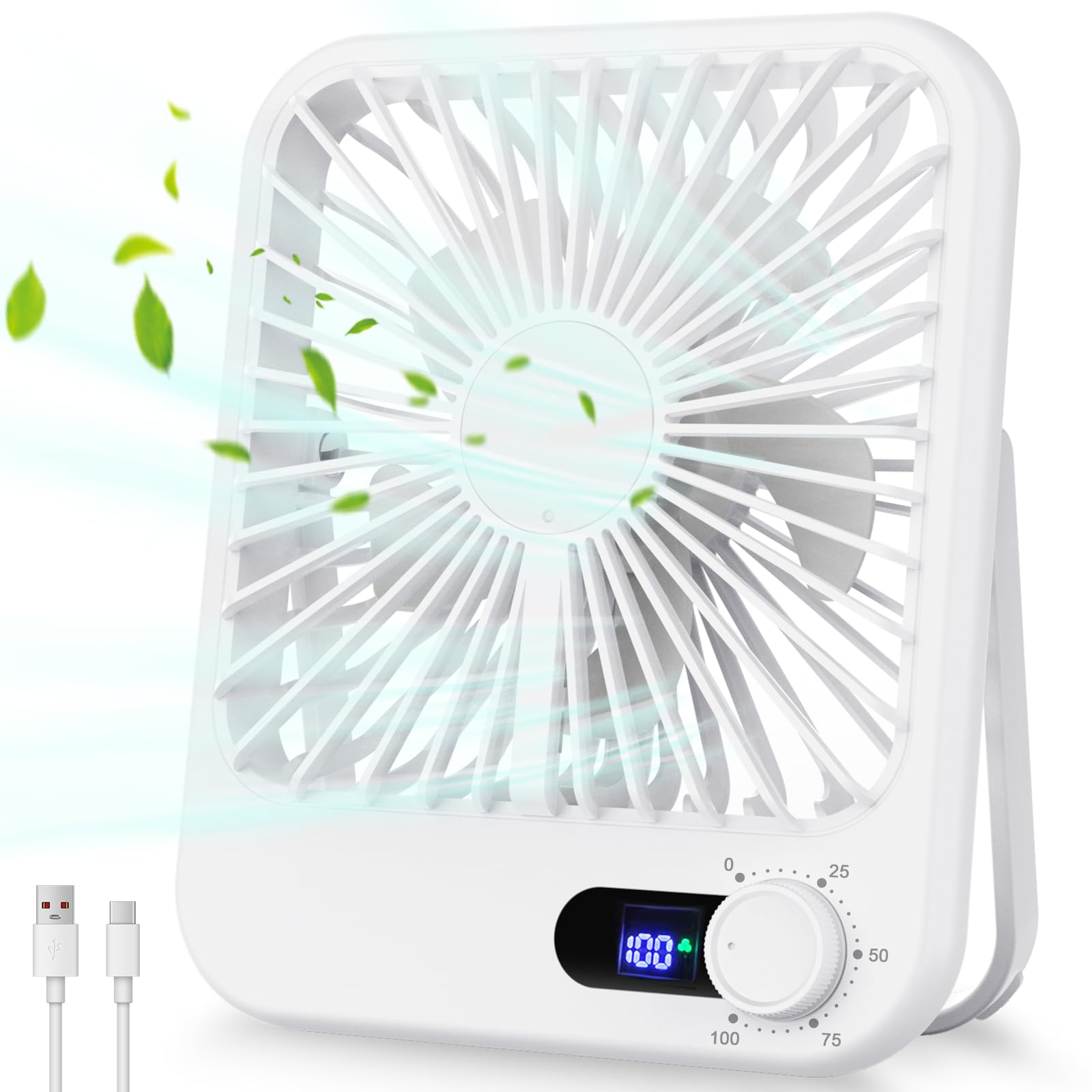 Travel Fan for Sleeping, Portable Fan for Travel Rechargeable with Digital Display, 100 Speed Wind Personal USB Fan with Variable Speed Knob, Small Desk Fan for Bedroom Travel Essentials, White