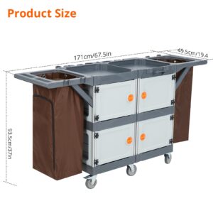 Commercial Janitorial Cart with Cabinet, Hotel Cart Housekeeping Room Service Cart Hand Push Utility Cart