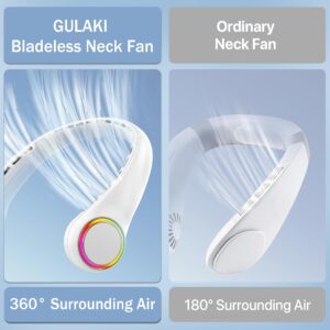 GULAKI Neck fan, Portable Fan with 5-17H Lifespan, 4000mAh Neck fan air conditioner with 3 Adjustable Speeds and 64 Cool Lights, Rechargeable Neck Fan, Hands-Free Cooling Neck fan for Summer (White)