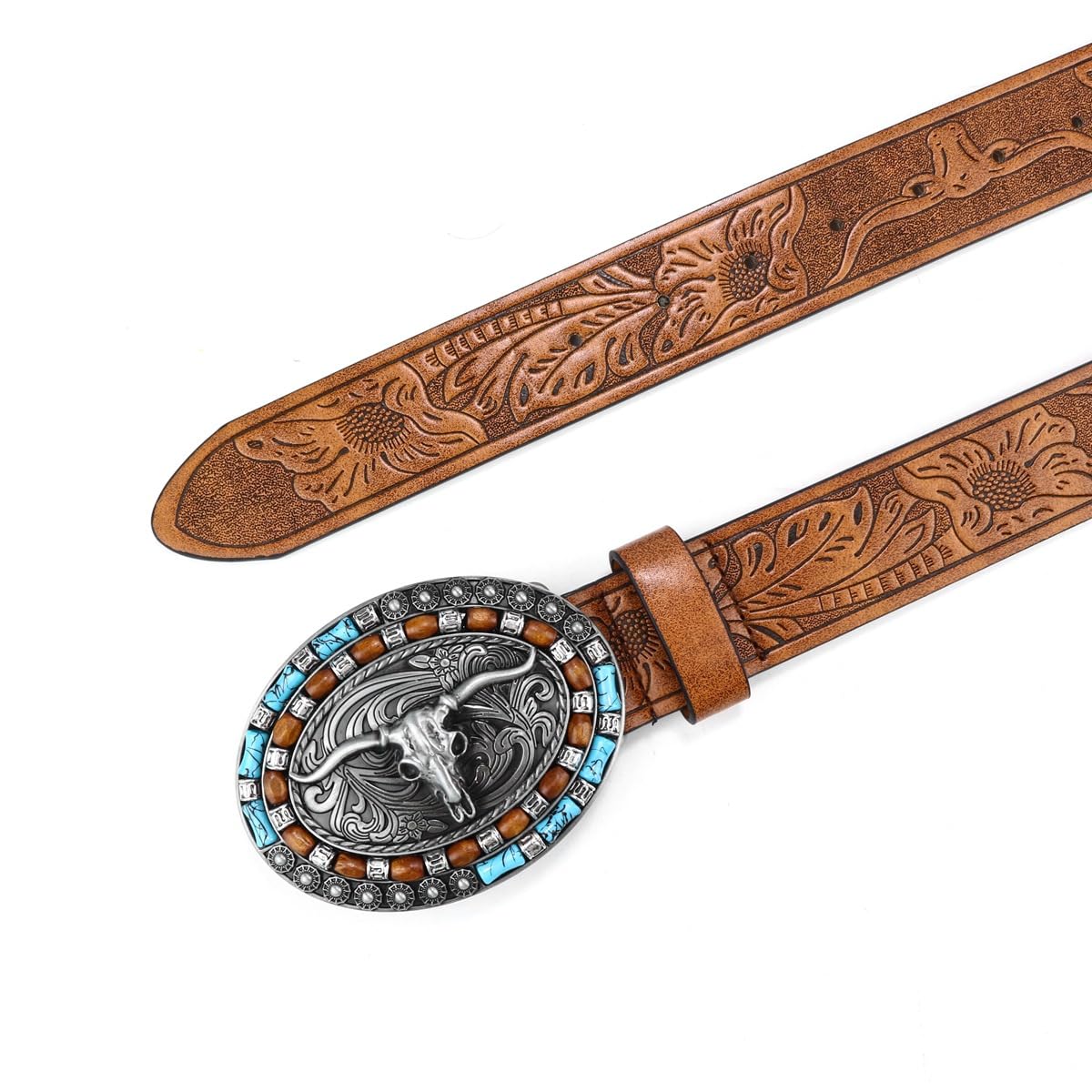 Women Western Cowboy Belt - PU Leather Longhorn Bull Turquoise Embossed Buckle Belt for Jeans Pants Dresses