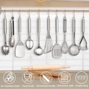 Abodpove Stainless Steel Cooking Utensils Set - 11pcs Kitchen Utensils Set with Holder for Cooking, Stainless Steel Utensils Set with Potato Masher, Skimmer, Spoons, Turners, Whisk, Tongs