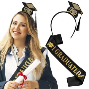 basemmaher graduation headband and shoulder straps for congrats grad party supplies bachelor cap headband with doctoral hat black sash satin tassels tiaras for graduation party dress up favor photo