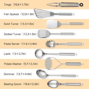 Abodpove Stainless Steel Cooking Utensils Set - 11pcs Kitchen Utensils Set with Holder for Cooking, Stainless Steel Utensils Set with Potato Masher, Skimmer, Spoons, Turners, Whisk, Tongs