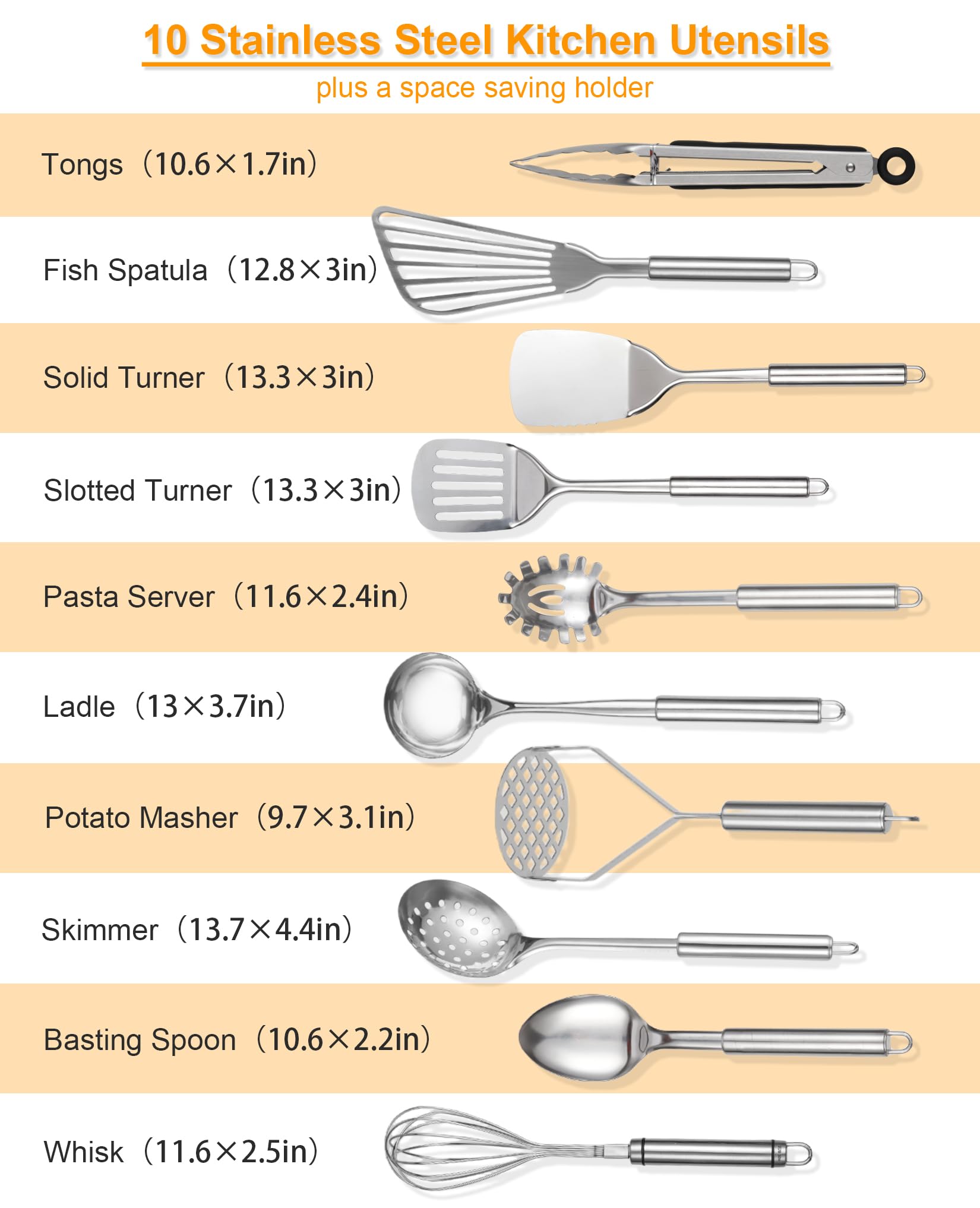 Abodpove Stainless Steel Cooking Utensils Set - 11pcs Kitchen Utensils Set with Holder for Cooking, Stainless Steel Utensils Set with Potato Masher, Skimmer, Spoons, Turners, Whisk, Tongs