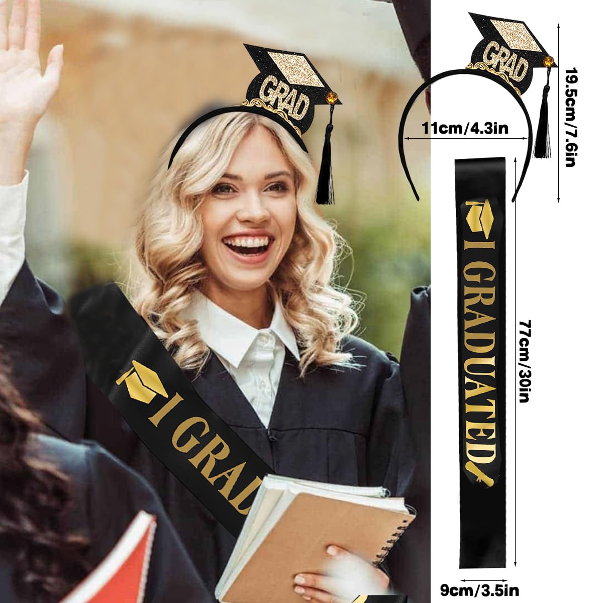 BASEMMAHER Graduation Headband and Shoulder Straps for Congrats Grad Party Supplies Bachelor Cap Headband with Doctoral Hat Black Sash Satin Tassels Tiaras for Graduation Party Dress up Favor Photo