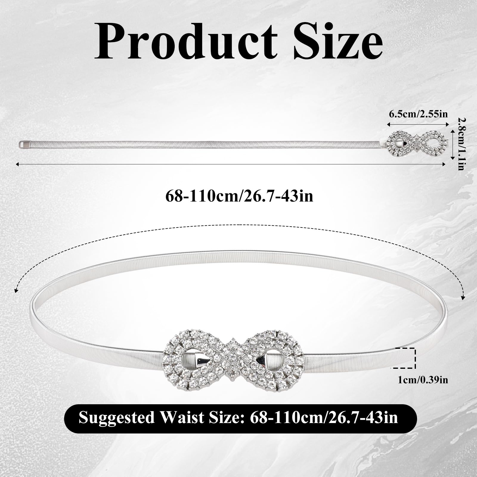 KALIONE Women's Skinny Rhinestone Belt, Elastic Waistband Metal Waist Belt Silver Thin Crystal Rope Belt Stretch Spring Chain Belt for Women Girls Dresses Jeans