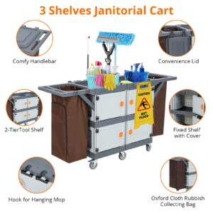 Commercial Janitorial Cart with Cabinet, Hotel Cart Housekeeping Room Service Cart Hand Push Utility Cart