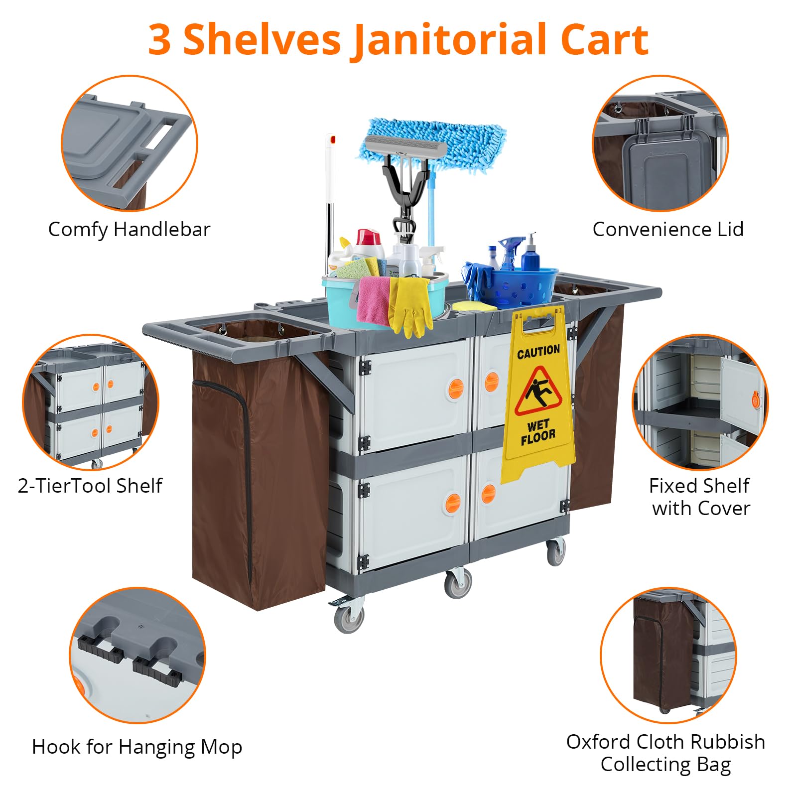 Commercial Janitorial Cart with 4 Cabinet - Black Housekeeping Caddy with Cover, Shelves, Service Cart, and Vinyl Bag