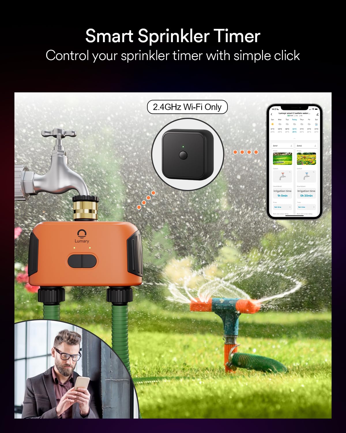 Lumary Smart Sprinkler Timer 2 Zone, WiFi Water Timer for Garden Hose, Brass Inlet Water Hose Timer Outdoor, Manual/Automatic Drip Irrigation Timer, App/Voice Control Work with Alexa