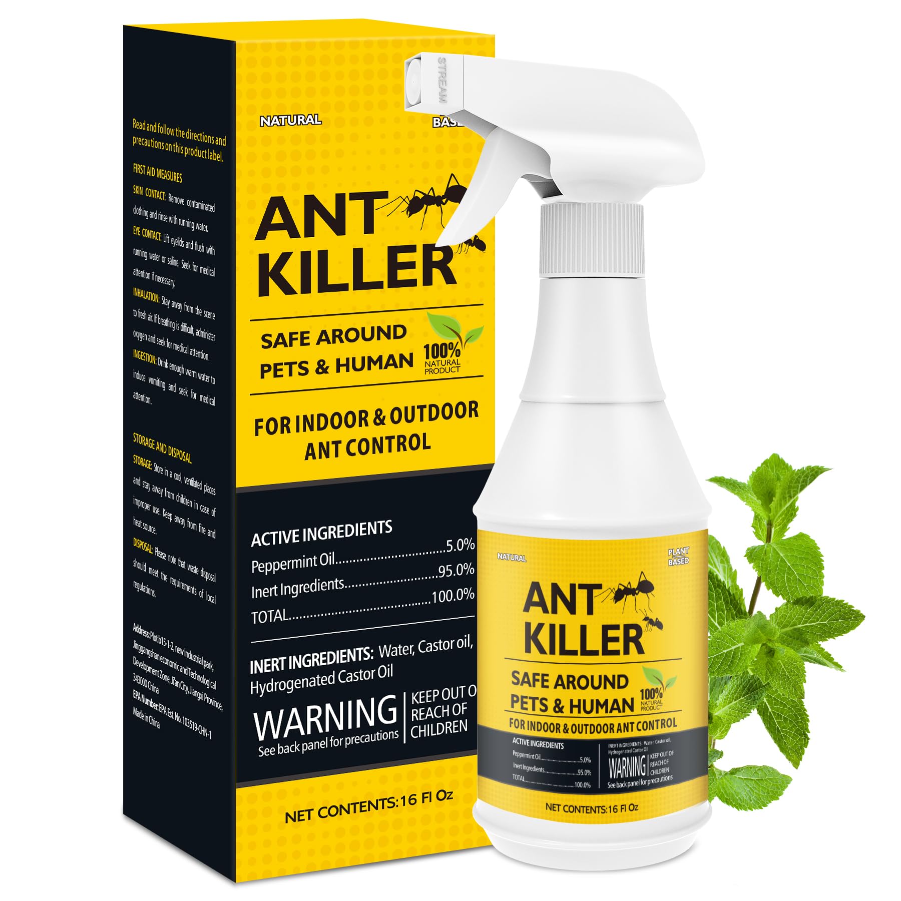 BugBai Peppermint Oil Ant Killer & Repellent Spray Outdoor, 16OZ Natural Ant Spray Indoor Home Kitchen Safe for Pets and Kids, Powerful Carpenter Ant Killer to Kill & Get Rid of Ants Permanently