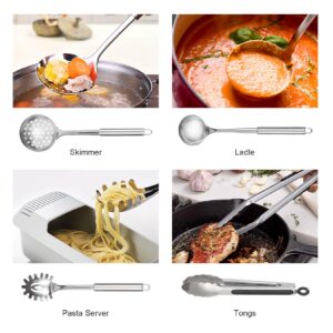 Abodpove Stainless Steel Cooking Utensils Set - 11pcs Kitchen Utensils Set with Holder for Cooking, Stainless Steel Utensils Set with Potato Masher, Skimmer, Spoons, Turners, Whisk, Tongs