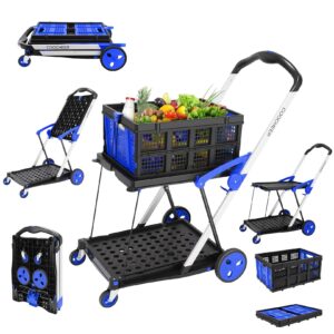 COOCHEER Collapsible Utility Cart Multifunction Collapsible Carts, Mobile Folding Trolley, Collapsible Hand Truck and Dolly, Shopping Cart with Storage Crate, Shopping Cart Folding Trolley, Blue