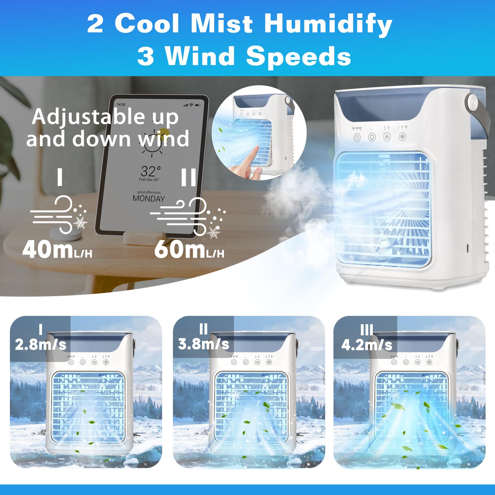 Portable Air Conditioners, 4-in-1 Evaporative Mini Air Cooler with 700ml Water Tank, 3 Wind Speeds, 2 Cool Mist, 7 LED Light, 2/4/6H Timer, Upgraded Leak-proof Cooling Fan for Room Bedroom Office Desk