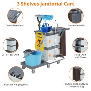 Commercial Janitorial Cart with Cabinet, 3-ply Multi-Purpose Engineered Plastic Housekeeping Cart with 30 Gallon Bag Hand Push Utility Cart, 200 lbs Load Capacity