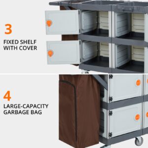 commercial janitorial cart with 4 cabinet - black housekeeping caddy with cover, shelves, service cart, and vinyl bag