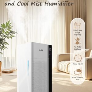 Lacidoll Warm and Cool Mist Humidifier Large Room, 5.3Gal/20L Room Humidifiers for Home, Quickly & Evenly Humidify Whole House, Top Fill, Dual Mist Nozzles and Atomizers, Baby Office Plants, White