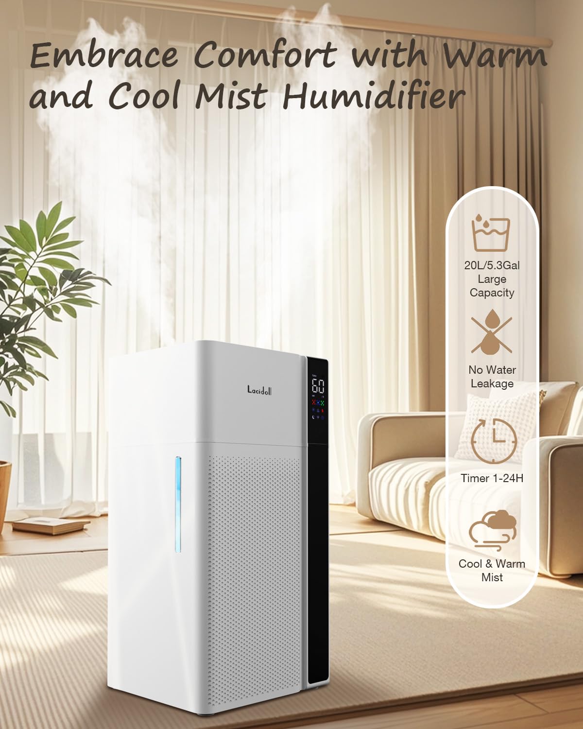 Lacidoll Warm and Cool Mist Humidifier Large Room, 5.3Gal/20L Room Humidifiers for Home, Quickly & Evenly Humidify Whole House, Top Fill, Dual Mist Nozzles and Atomizers, Baby Office Plants, White