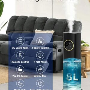 Humidifier Large Room Bedroom with Night Light, 2.1Gal(8L) Humidifiers for Home with Essential Oil Diffuser, Top Fill Whole House Cool Mist Humidifiers for Plants Baby Kids Adults(Black)