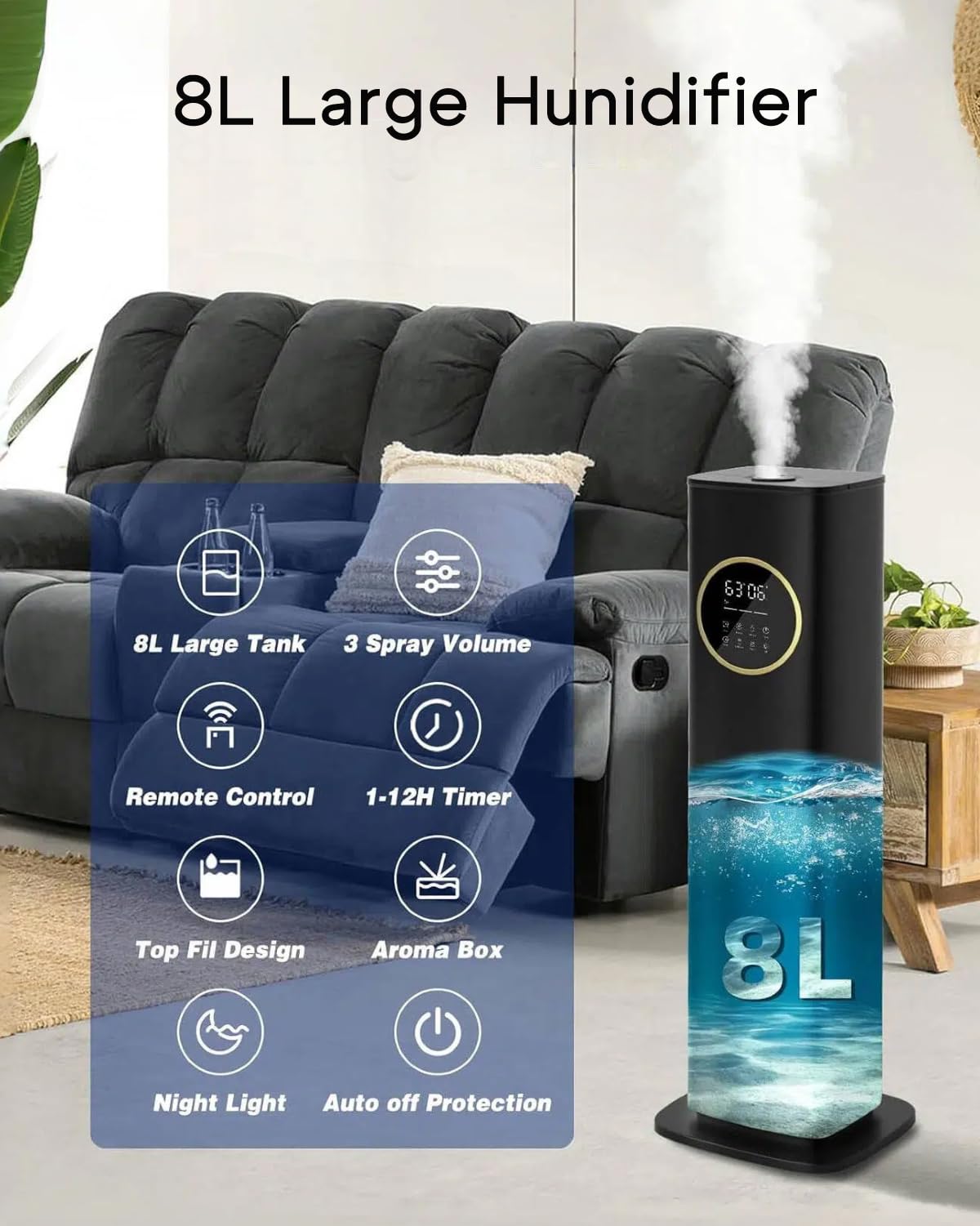 Humidifier Large Room Bedroom with Night Light, 2.1Gal(8L) Humidifiers for Home with Essential Oil Diffuser, Top Fill Whole House Cool Mist Humidifiers for Plants Baby Kids Adults(Black)