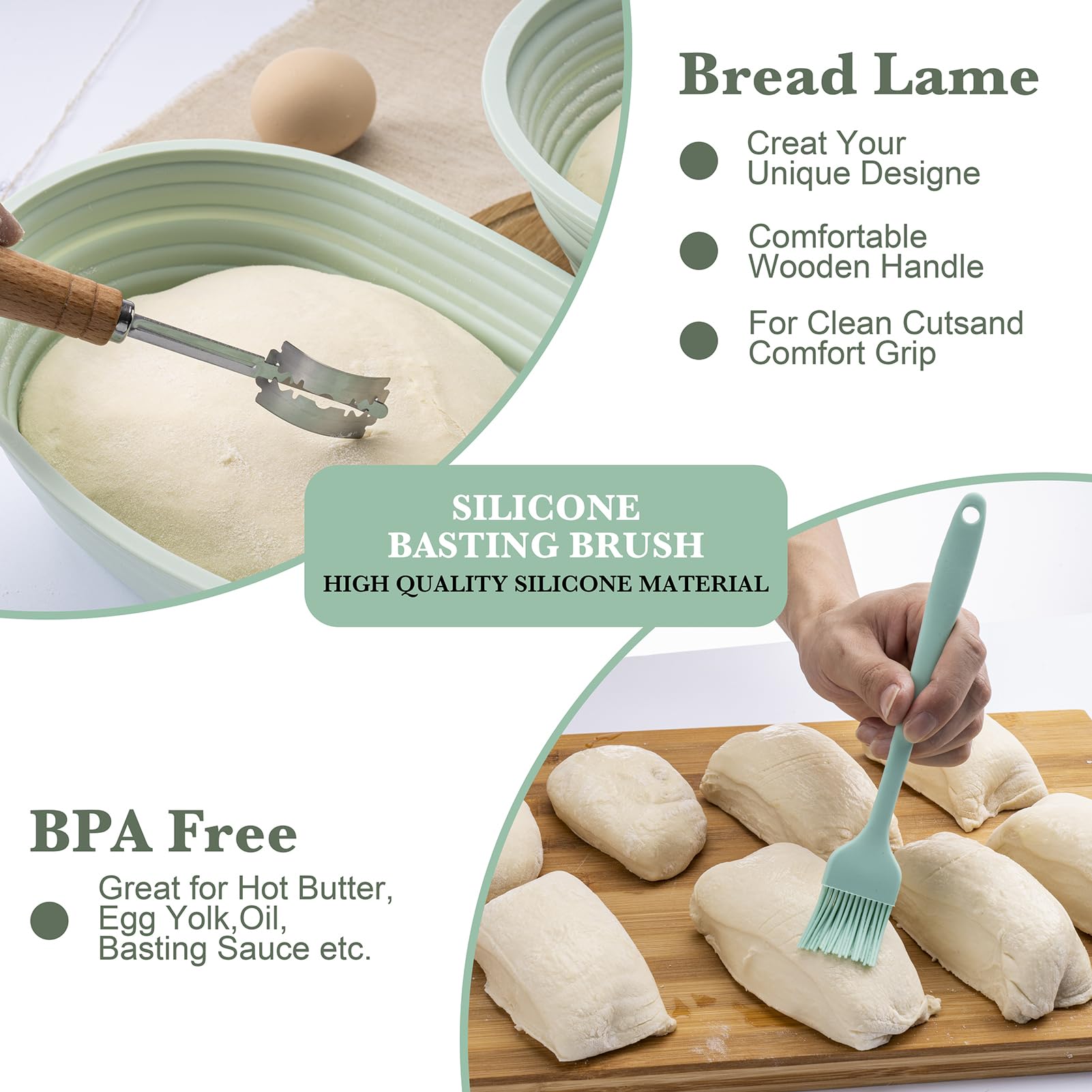 Silicone Sourdough Bread Proofing Baskets - Sourdough Starter Kit Including 9 Inch Round&10 Oval Foldable Sourdough Baking Basket, With Dough Whisk, Scraper, Lames, Brush, Baking Supplies Set (Green)