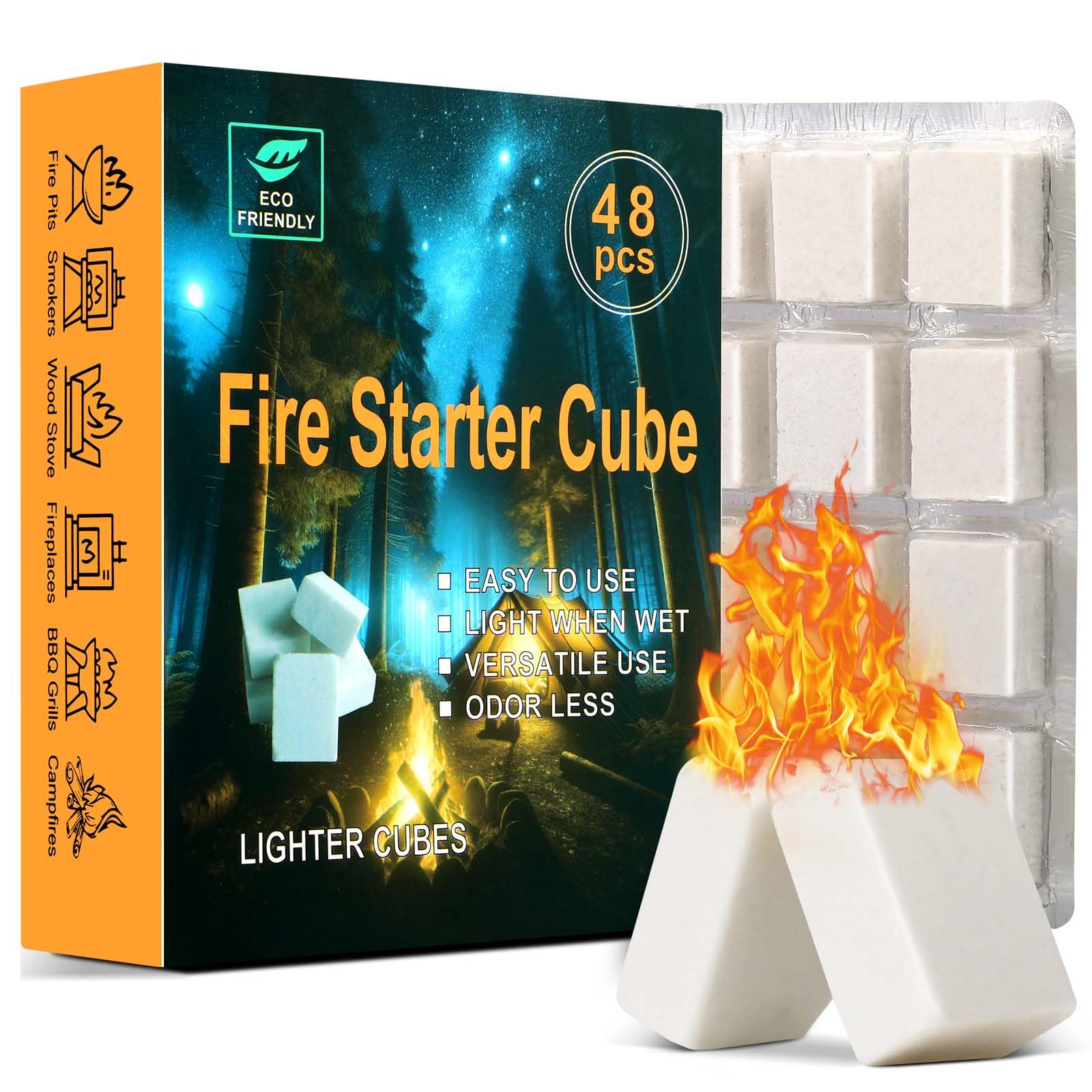 SUNLIFER Fire Starter Squares for Campfires: All Weather Camping Fire Starters Cubes | Quick & Odorless Firestarters for Fireplaces | Wood Stove | Grills | Fire Pit | BBQ - 48 Count