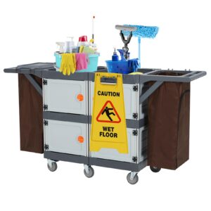 Commercial Janitorial Cart with 4 Cabinet - Black Housekeeping Caddy with Cover, Shelves, Service Cart, and Vinyl Bag