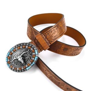 Women Western Cowboy Belt - PU Leather Longhorn Bull Turquoise Embossed Buckle Belt for Jeans Pants Dresses