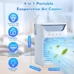 Portable Air Conditioners, 4-in-1 Evaporative Mini Air Cooler with 700ml Water Tank, 3 Wind Speeds, 2 Cool Mist, 7 LED Light, 2/4/6H Timer, Upgraded Leak-proof Cooling Fan for Room Bedroom Office Desk