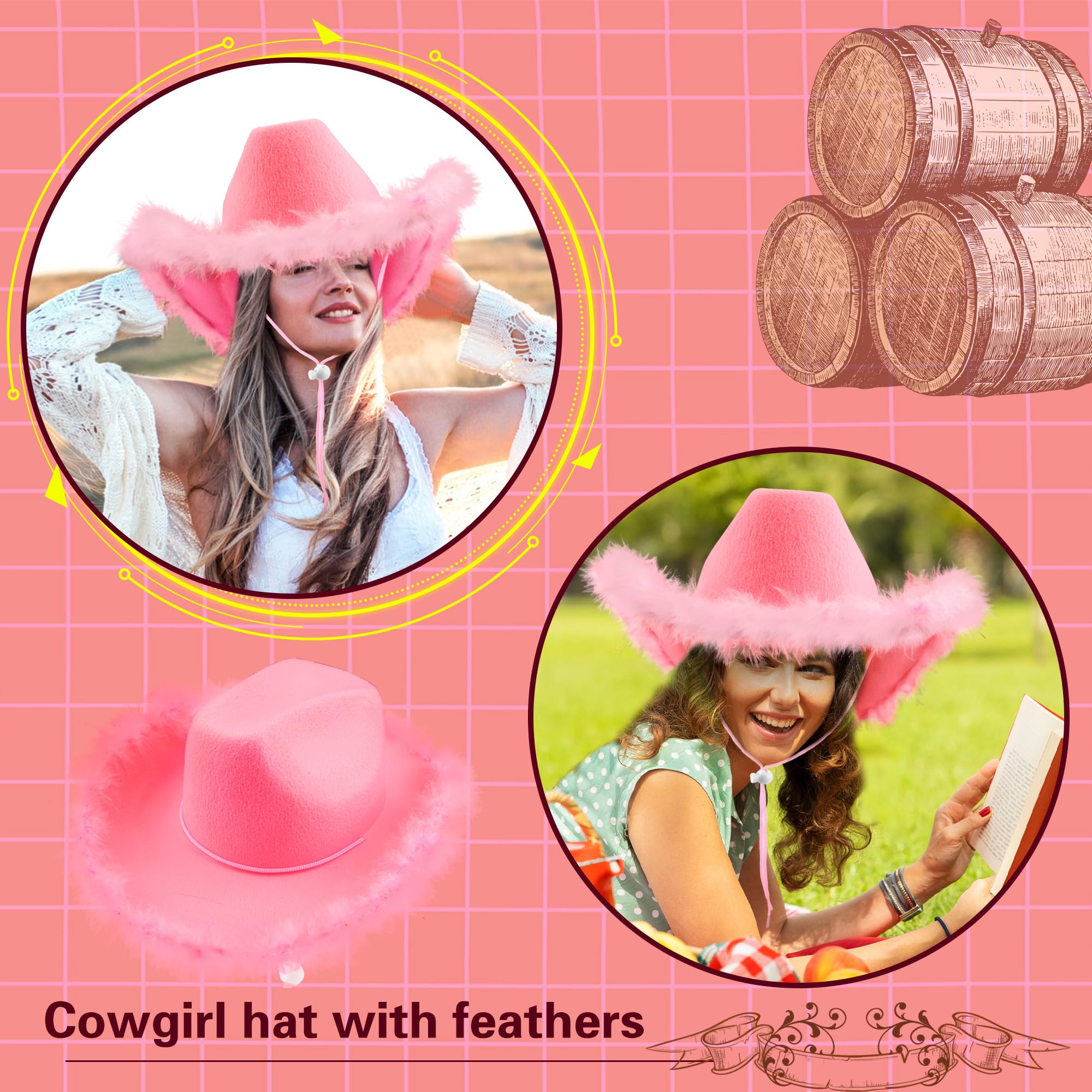 SGBETTER 6 Pack Pink Cowboy Hat Adult Western Cowboy Cowgirl Hat with Feather for Women Bachelorette Party Dress Up Costume Accessories