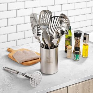 Abodpove Stainless Steel Cooking Utensils Set - 11pcs Kitchen Utensils Set with Holder for Cooking, Stainless Steel Utensils Set with Potato Masher, Skimmer, Spoons, Turners, Whisk, Tongs