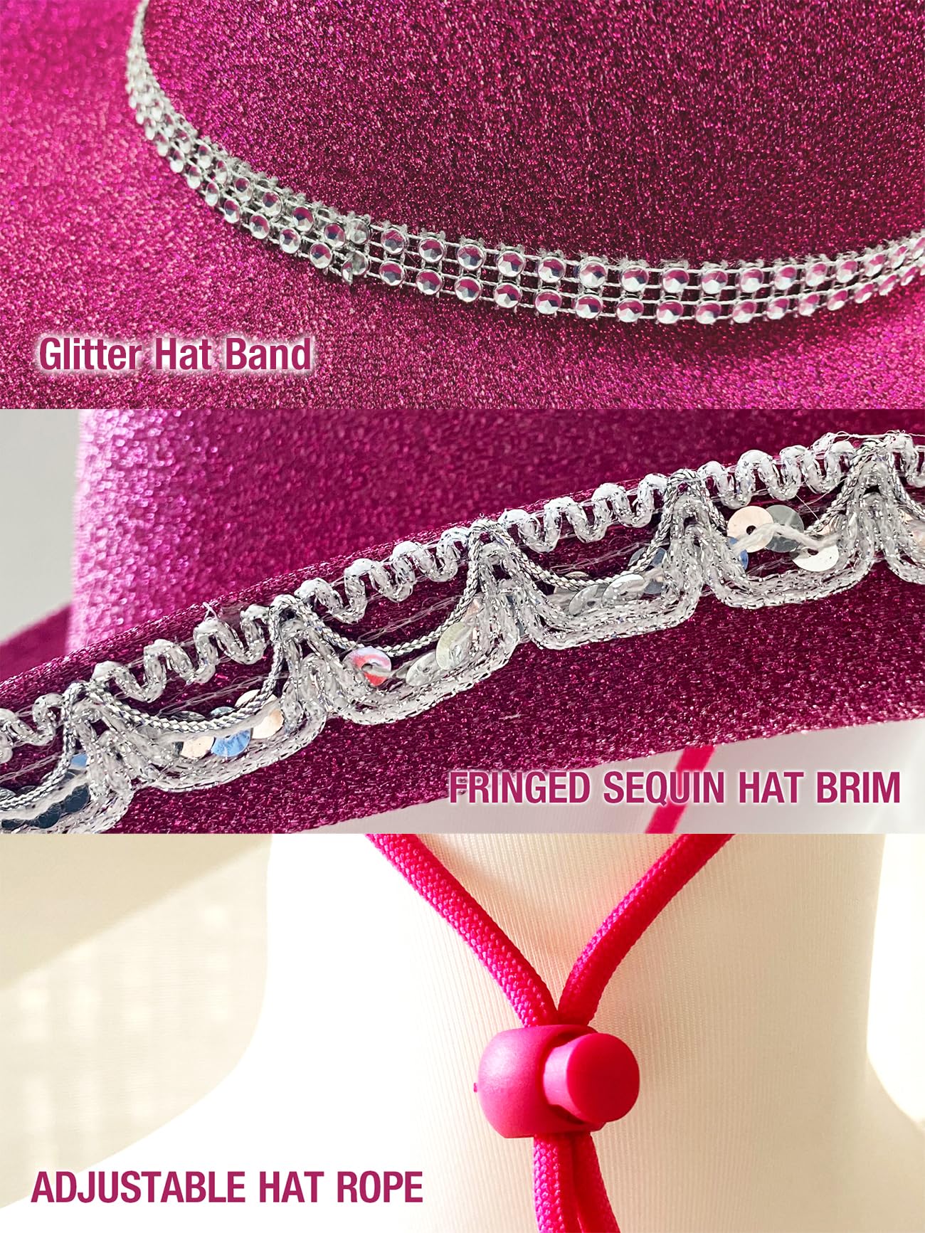 Cowboy Hat Pink Cowgirl Hat with Sequins & Tiara Crown for Women Rodeo Party Hats with Heart Glasses (Felt, Hot Pink)