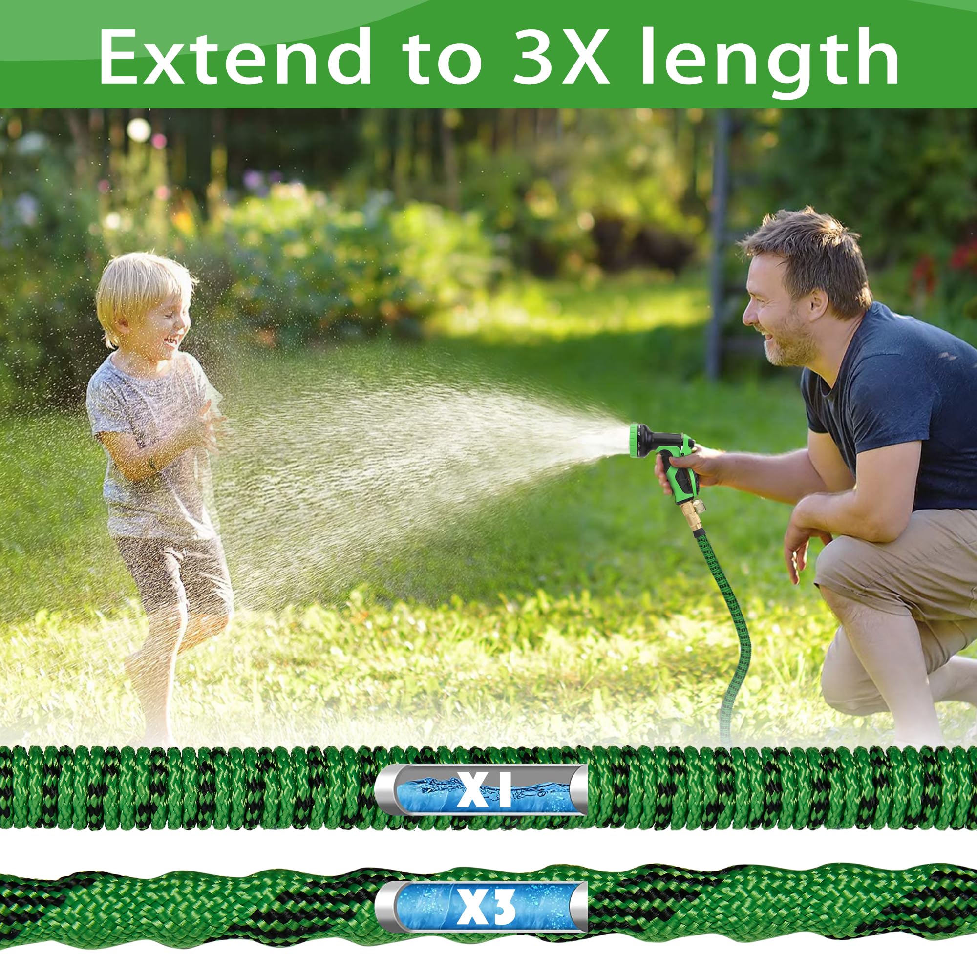 100 ft Expandable Garden Hose Water Hoses with 10 Function Spray Nozzle, 2024 New Superior Strength Flexible Hose, 3/4" Brass Connectors- Leakproof Lightweight Water Pipe for Gardening(Green Black)