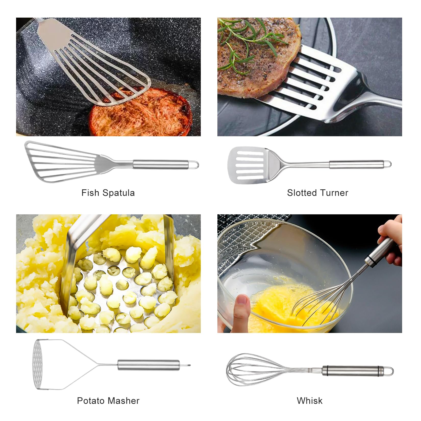 Abodpove Stainless Steel Cooking Utensils Set - 11pcs Kitchen Utensils Set with Holder for Cooking, Stainless Steel Utensils Set with Potato Masher, Skimmer, Spoons, Turners, Whisk, Tongs