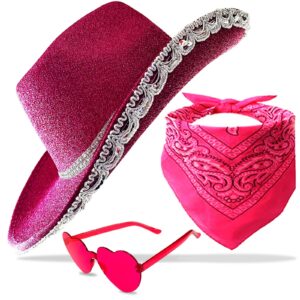 cowboy hat pink cowgirl hat with sequins & tiara crown for women rodeo party hats with heart glasses (felt, hot pink)