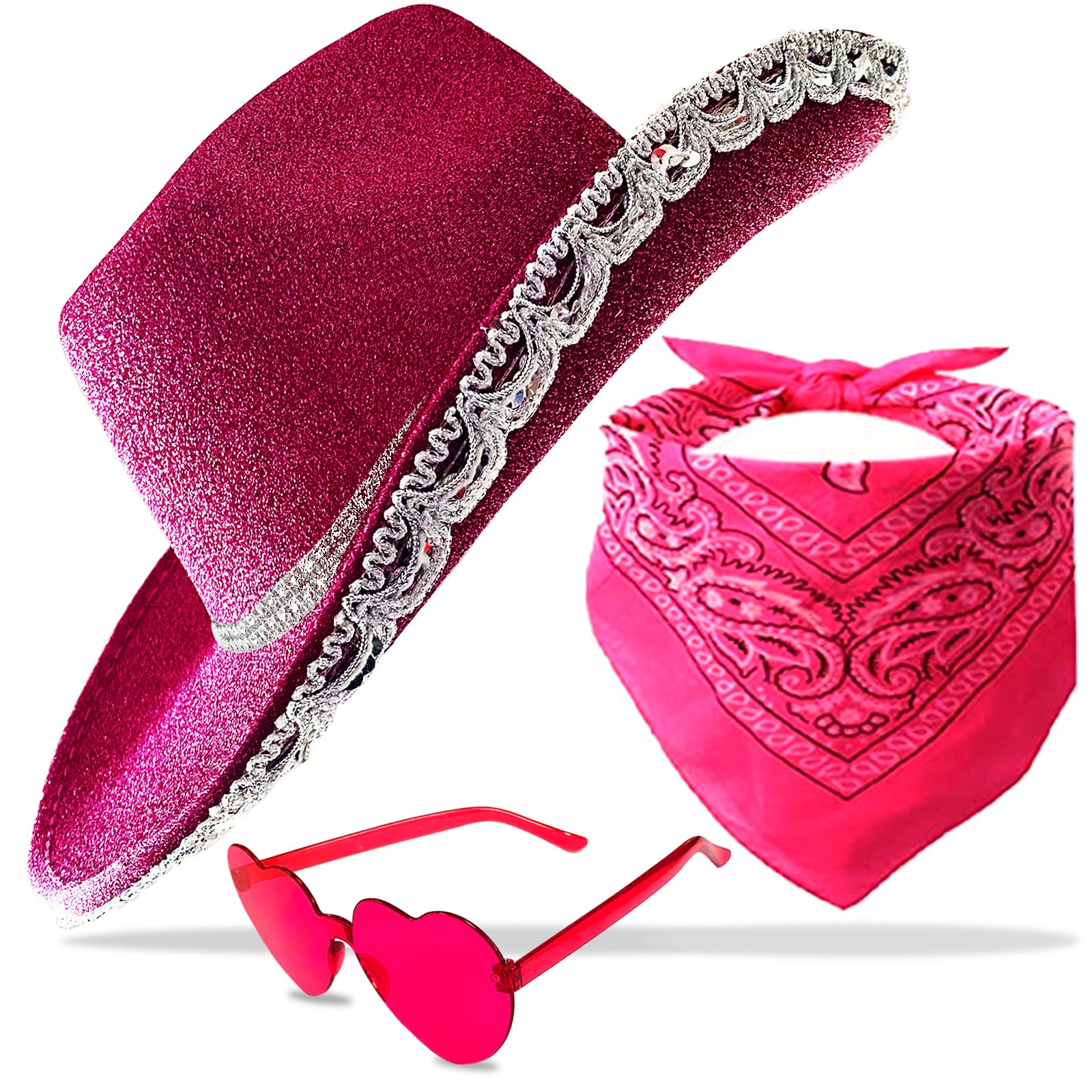 Cowboy Hat Pink Cowgirl Hat with Sequins & Tiara Crown for Women Rodeo Party Hats with Heart Glasses (Felt, Hot Pink)