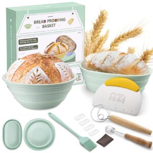 silicone sourdough bread proofing baskets - sourdough starter kit including 9 inch round&10 oval foldable sourdough baking basket, with dough whisk, scraper, lames, brush, baking supplies set (green)