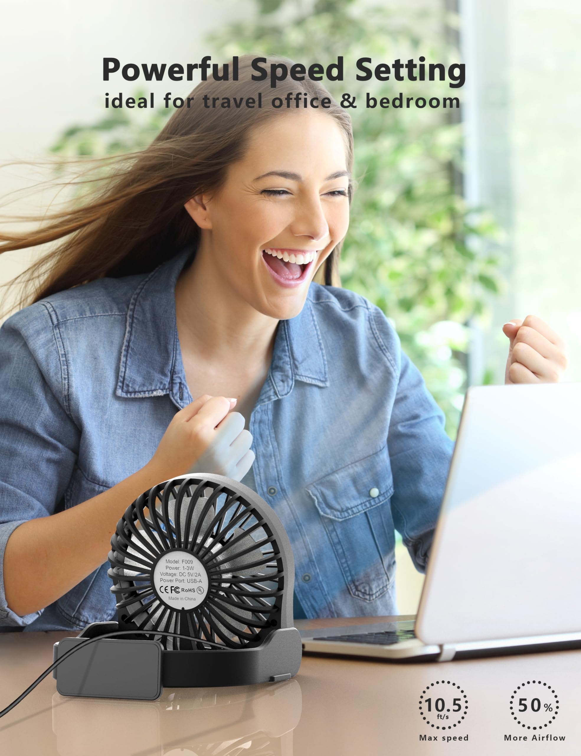 GRANDFAST Small Desk Fan, 3 Speeds Silent Travel Fan, Portable mini Desktop Fan, 180° Foldable Table Fan, USB Powered Cooling Fan for Bedroom Home Office Outdoor Trip