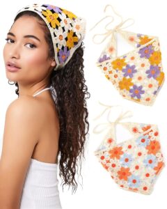 chlins 2 pcs crochet bandanas floral bandana headband tie knitted headscarf hair bandanas for women girls head kerchief (flower (orange blue + purple yellow))