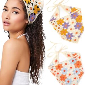 CHLINS 2 PCS Crochet Bandanas Floral Bandana Headband Tie Knitted Headscarf Hair Bandanas for Women Girls Head Kerchief (Flower (orange blue + purple yellow))