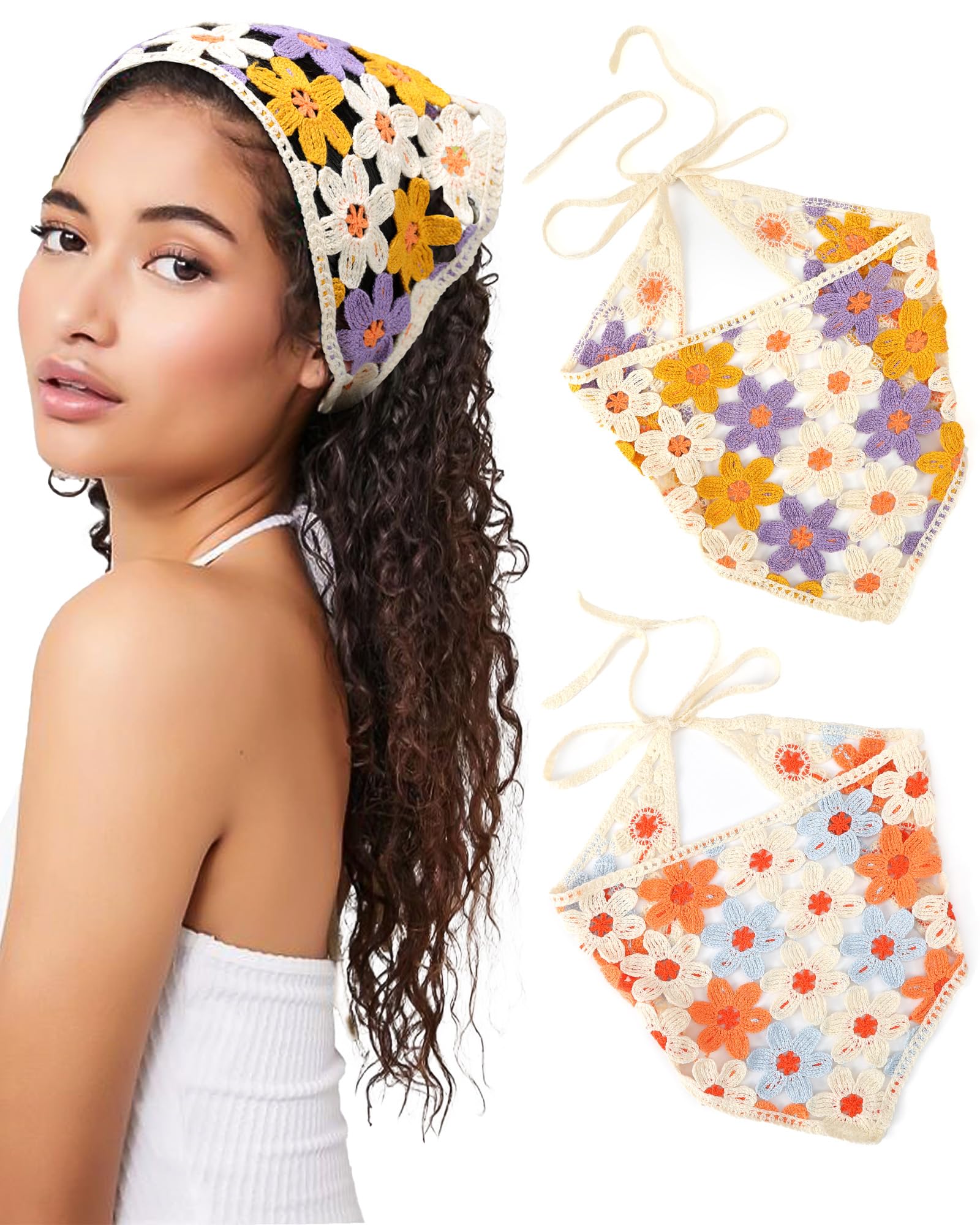 CHLINS 2 PCS Crochet Bandanas Floral Bandana Headband Tie Knitted Headscarf Hair Bandanas for Women Girls Head Kerchief (Flower (orange blue + purple yellow))