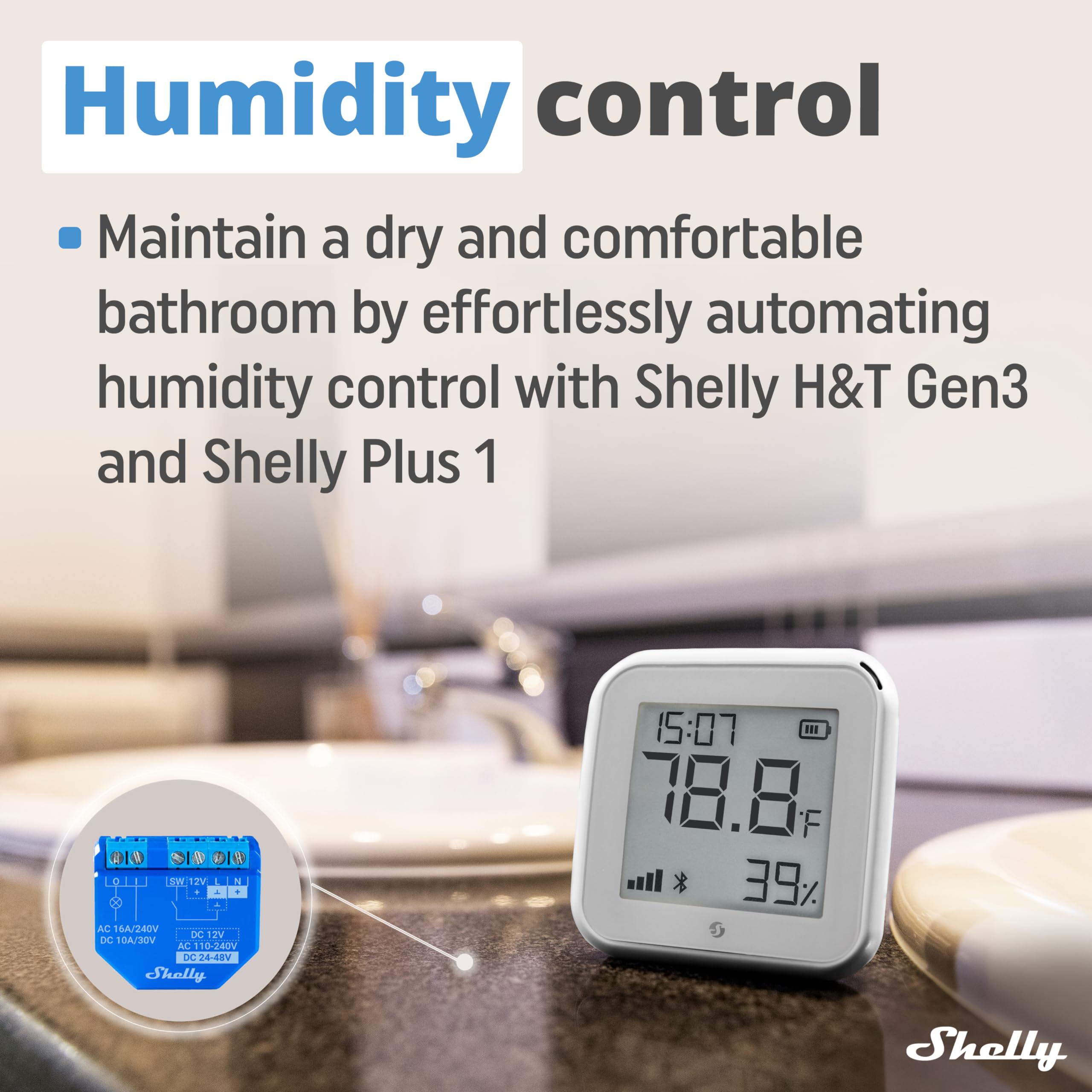 Shelly Shelly H&T Gen 3 - Wi-Fi & Bluetooth Temperature, Humidity Sensor & Weather Station (White, Wall Mountable, No Hub Required)