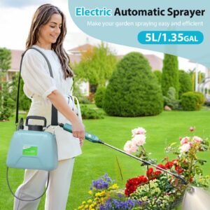 SideKing 1.35 Gallon/5L Battery Powered Sprayer, Electric Sprayer with USB Rechargeable Handle, Battery Indicator, Garden Sprayer with Telescopic Wand, 3 Nozzles, Adjustable Shoulder Strap (Blue)