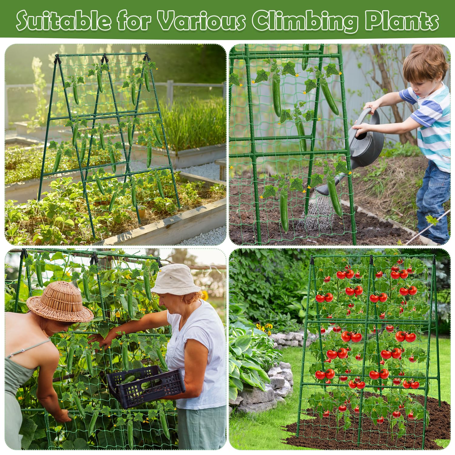 Cucumber Trellis for Raised Beds, 31 X 47 Inch Adjustable Size A-Frame Garden Trellis for Climbing Plant Outdoors with Climbing Net and Plant Support Clip for Vegetable Grape Tomato Garden Supplies