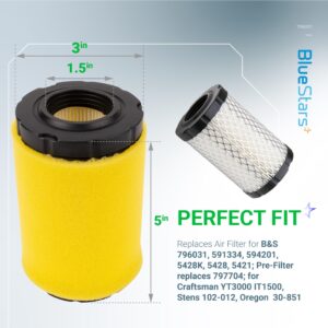 BlueStars 796031 Air Filter with 797704 Foam Pre-cleaner - For BS 992376 590825 591334 594201 John Deere MIU14395 D100 Husqvarna YTH24V48 YTH22V46 Lawn Tractor Lawn Mower Air Cleaner Element (4 packs)