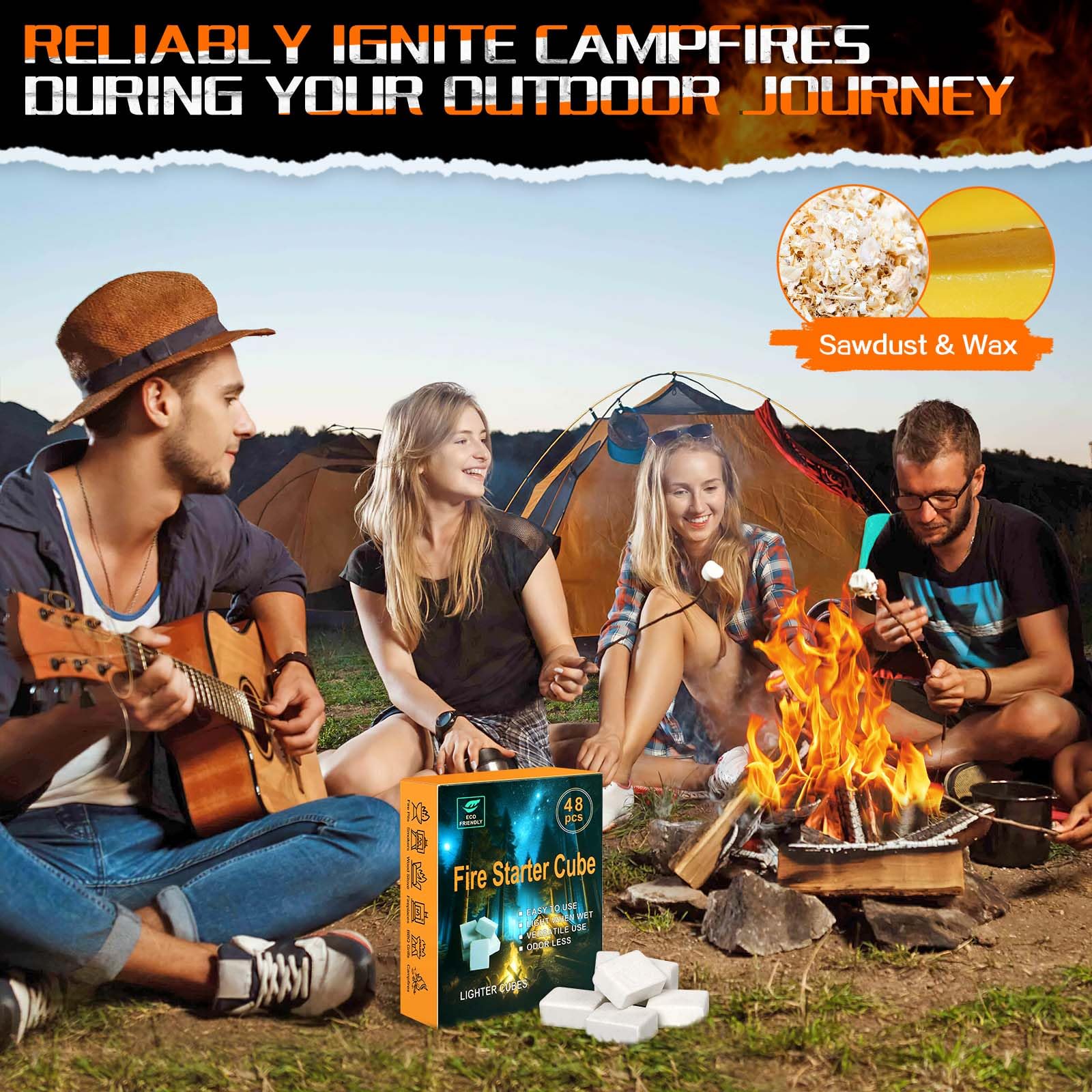 SUNLIFER Fire Starter Squares for Campfires: All Weather Camping Fire Starters Cubes | Quick & Odorless Firestarters for Fireplaces | Wood Stove | Grills | Fire Pit | BBQ - 48 Count